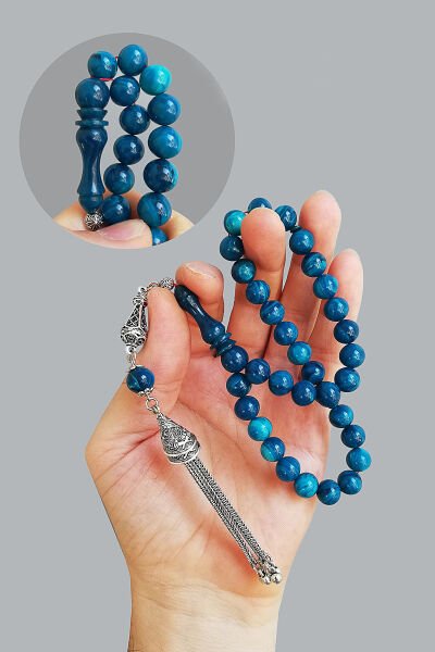 9*9 mm Küre Kesim Mavi Hareli Sıkma Kehribar Tesbih Faris Usta Sıkma Ateş Zar Kehribar