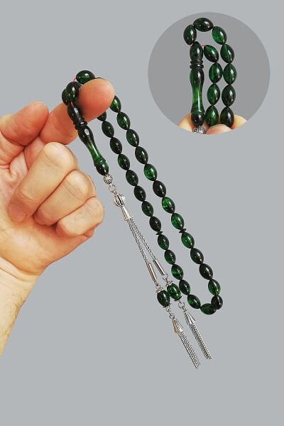 7*11 mm Beyzi Kesim Yeşil Siyah Ateşi Kehribar Tesbih Renk Süzmesi Sıkma Zar Ateş Kehribar Tespih