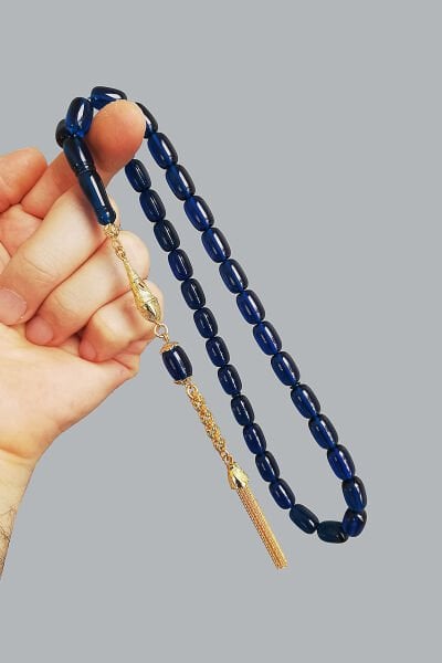 8,5*11,5 mm Kapsül Mavi Ateş Kehribar Tesbih Faris Usta Ateşi Kehribar Tespih Altın Kaplama Püskül