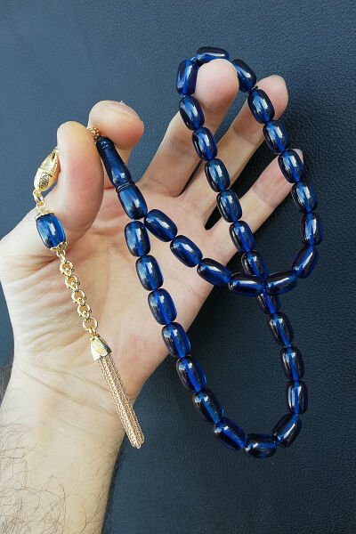 8,5*11,5 mm Kapsül Mavi Ateş Kehribar Tesbih Faris Usta Ateşi Kehribar Tespih Altın Kaplama Püskül