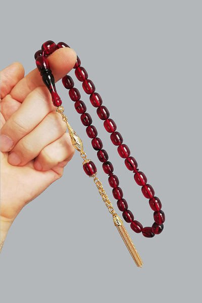 8,5*12 mm Kapsül Kırmızı Ateş Kehribar Tesbih Faris Usta Ateşi Kehribar Tespih Altın Kaplama Püskül