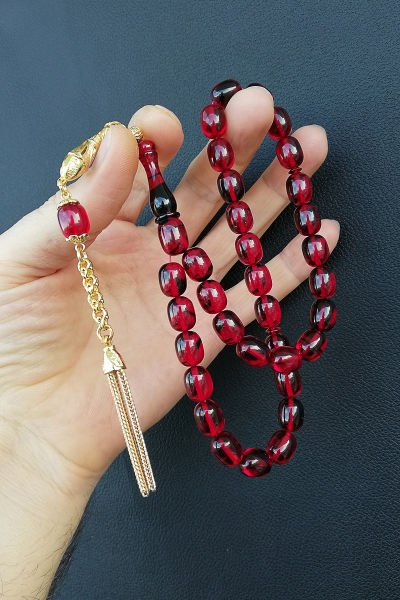 8,5*12 mm Kapsül Kırmızı Ateş Kehribar Tesbih Faris Usta Ateşi Kehribar Tespih Altın Kaplama Püskül