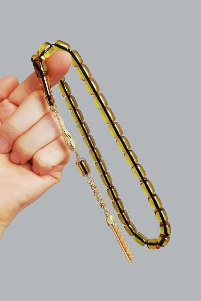 8,5*11,5 mm Kapsül Gold Ateş Kehribar Tesbih Faris Usta Ateşi Kehribar Tespih Altın Kaplama Püskül