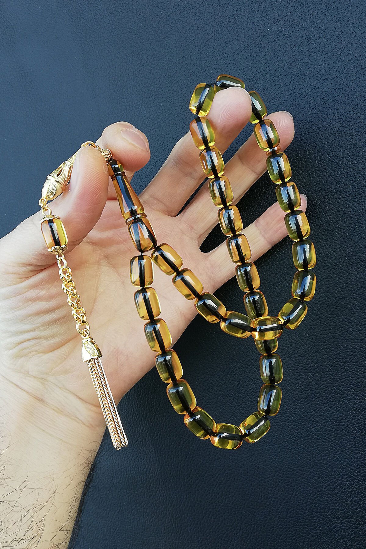 8,5*11,5 mm Kapsül Gold Ateş Kehribar Tesbih Faris Usta Ateşi Kehribar Tespih Altın Kaplama Püskül