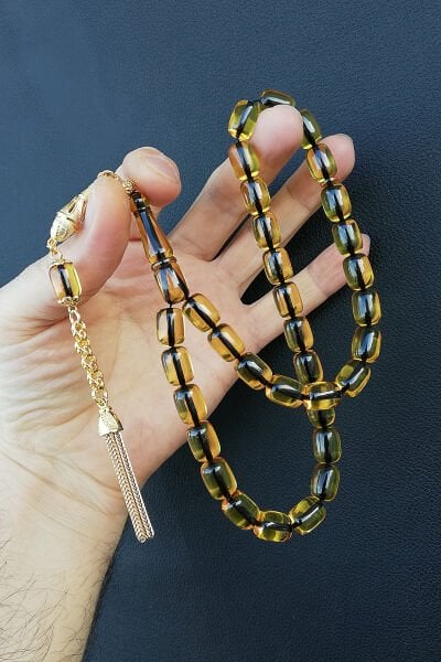 8,5*11,5 mm Kapsül Gold Ateş Kehribar Tesbih Faris Usta Ateşi Kehribar Tespih Altın Kaplama Püskül