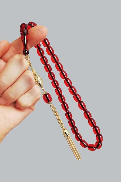 8,5*11,5 mm Kapsül Yeşil Ateş Kehribar Tesbih Faris Usta Ateşi Kehribar Tespih Altın Kaplama Püskül