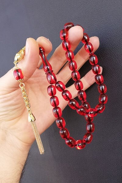 8,5*11,5 mm Kapsül Yeşil Ateş Kehribar Tesbih Faris Usta Ateşi Kehribar Tespih Altın Kaplama Püskül