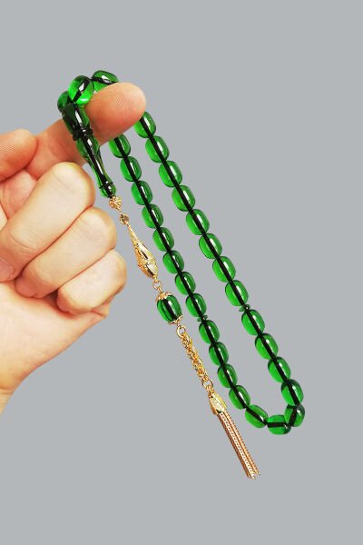 8,5*11,5 mm Kapsül Yeşil Ateş Kehribar Tesbih Faris Usta Ateşi Kehribar Tespih Altın Kaplama Püskül