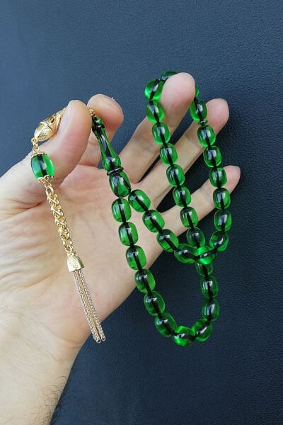 8,5*11,5 mm Kapsül Yeşil Ateş Kehribar Tesbih Faris Usta Ateşi Kehribar Tespih Altın Kaplama Püskül