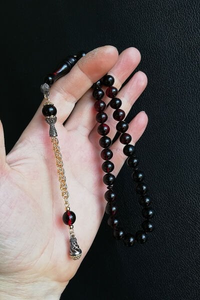 9*9 mm Küre Kırmızı Siyah Ateş Kehribar Tesbih Faris Usta Ateşi Kehribar Tespih Altın Kaplama Püskül