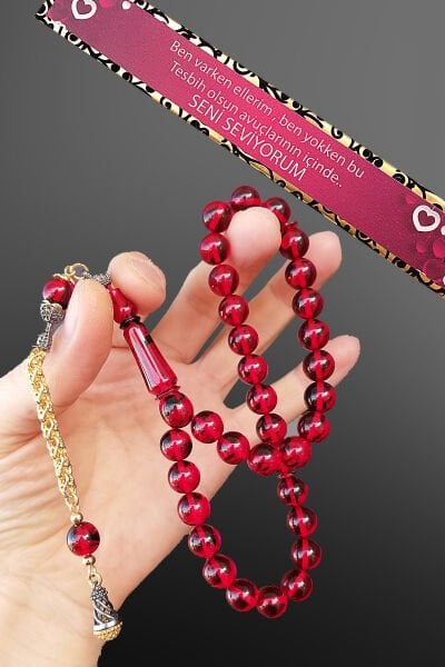 9*9 mm Küre Kırmızı Ateş Kehribar Tesbih Faris Usta Ateşi Kehribar Tespih Altın Kaplama Püskül