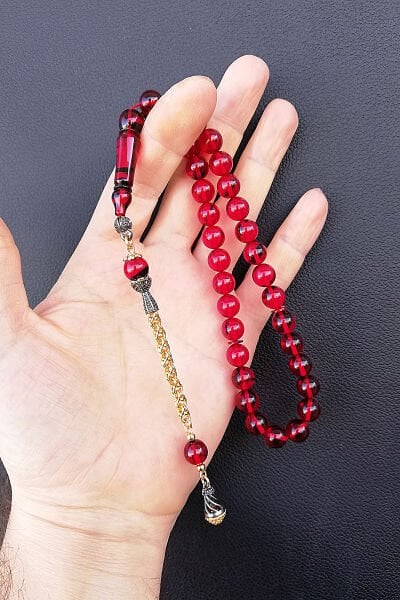 9*9 mm Küre Kırmızı Ateş Kehribar Tesbih Faris Usta Ateşi Kehribar Tespih Altın Kaplama Püskül