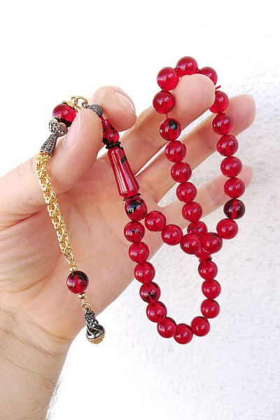 9*9 mm Küre Kırmızı Ateş Kehribar Tesbih Faris Usta Ateşi Kehribar Tespih Altın Kaplama Püskül