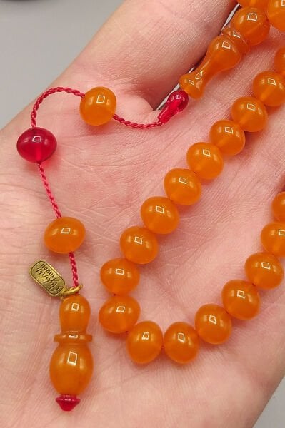 Ayhan Turan Usta İşçilikli Ateş Kehribar Tesbih 7*8 mm Basık Küre Bilekboy Sistemli İmzalı Tespih