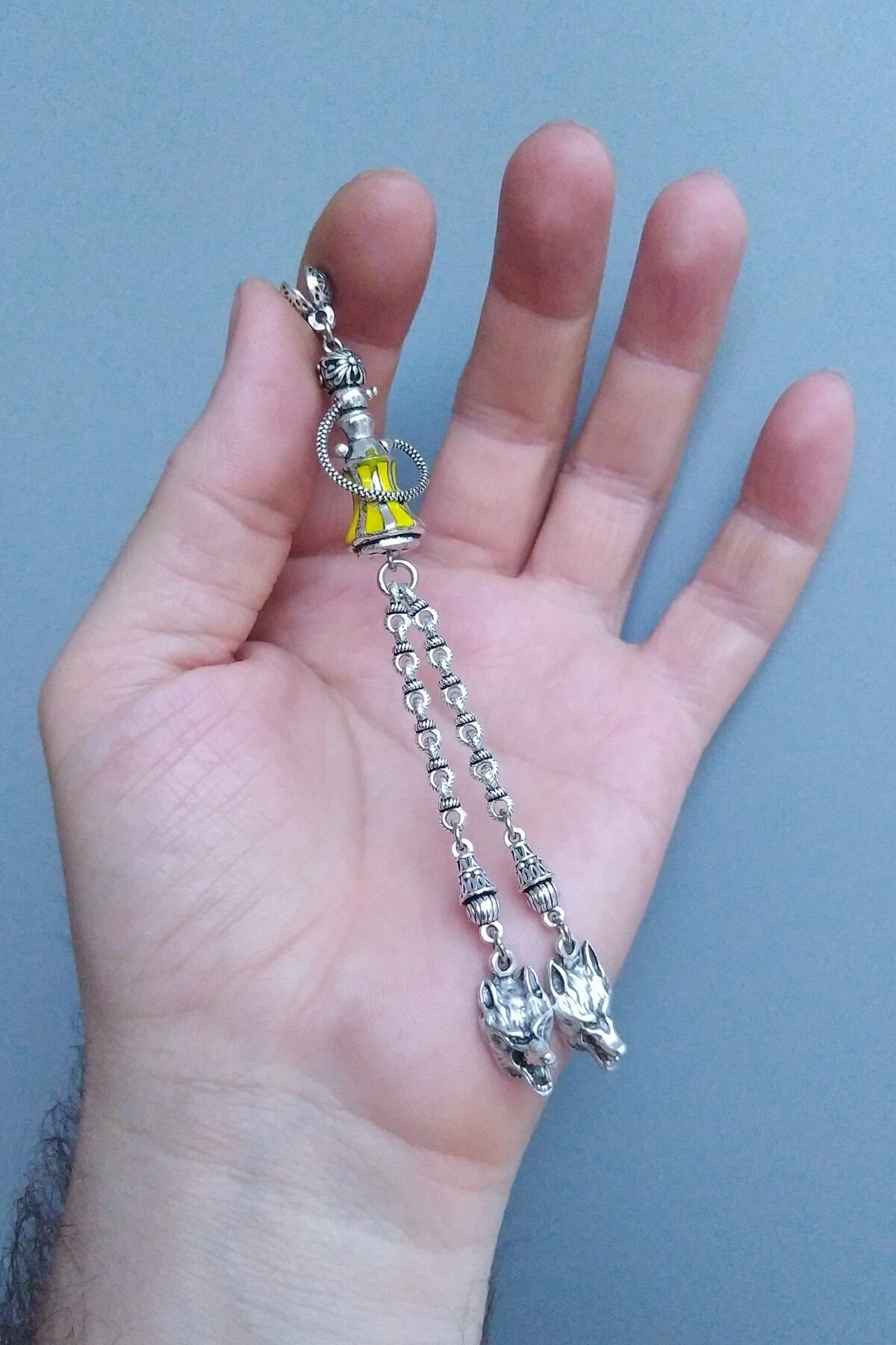 Nargile Model Sarı Mineli Kurt Sallantı 925 Ayar Gümüş Kaplama Püskül