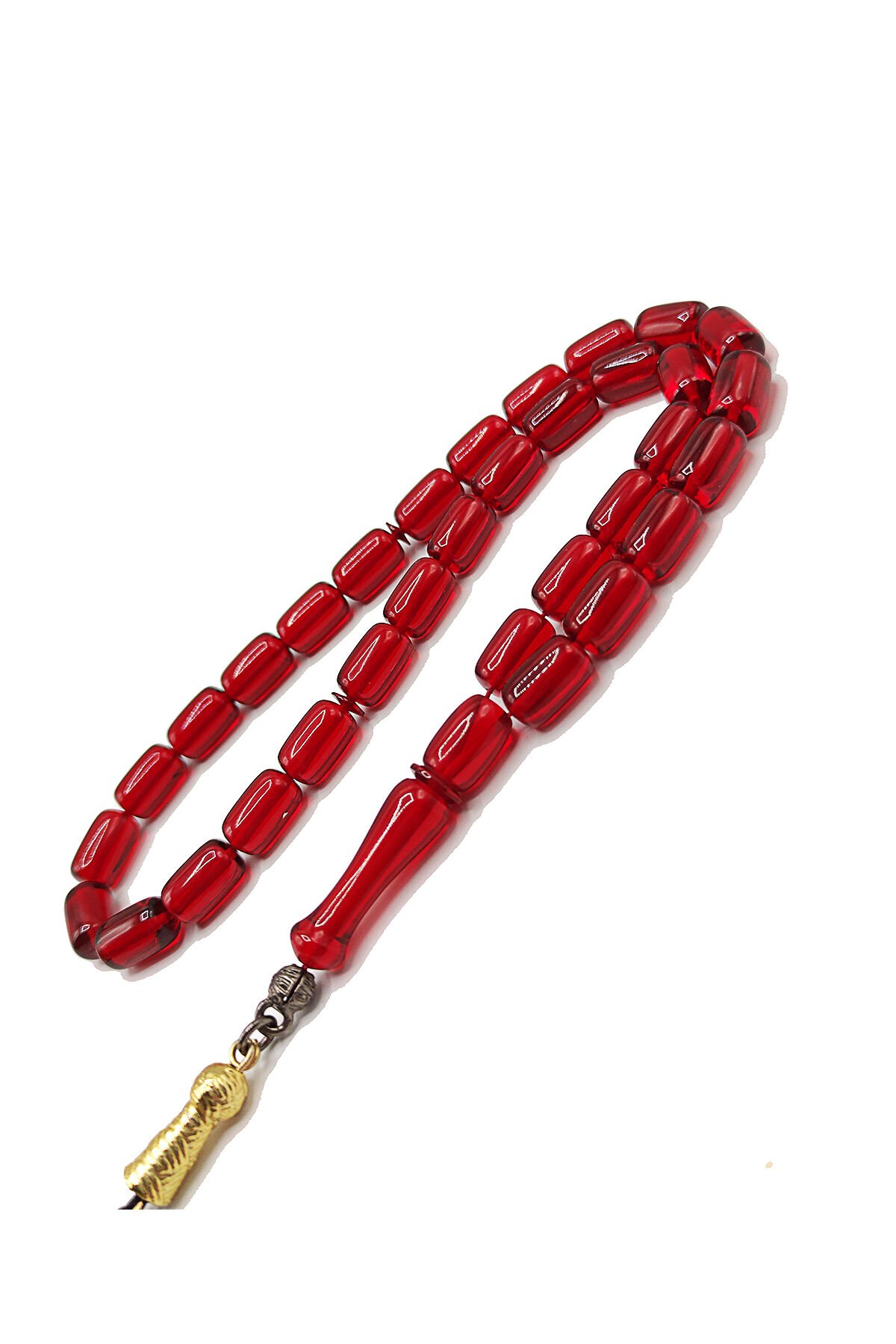 7*11 mm Kapsül Kesim Kırmızı Ateş Kehribar Tesbih Altın Kaplama Tesbih Püsküllü Faris Usta Tespih