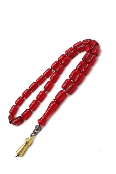 7*11 mm Kapsül Kesim Kırmızı Ateş Kehribar Tesbih Altın Kaplama Tesbih Püsküllü Faris Usta Tespih