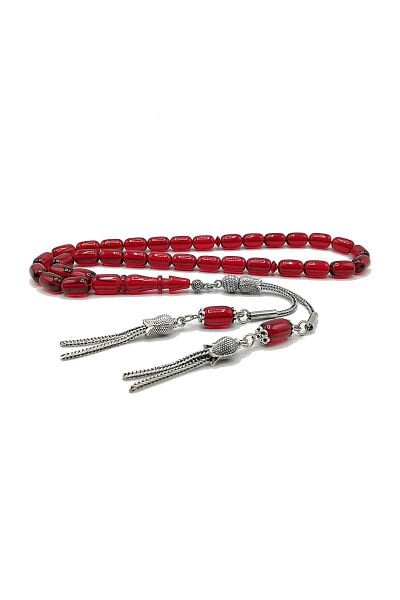 7*11 mm Kapsül Model Kırmızı Ateşi Kehribar Tesbih Sıkma Tespih Lale Model Mikron Gümüş Kaplama Püsküllü