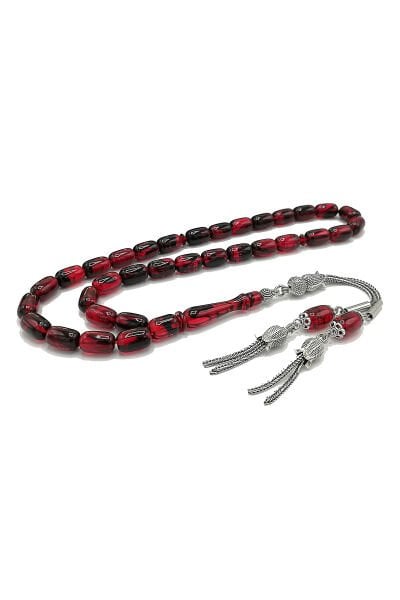 7*11 mm Kapsül Model Kırmızı Siyah Ateşi Kehribar Tesbih Sıkma Tespih Lale Model Mikron Gümüş Kaplama Püsküllü