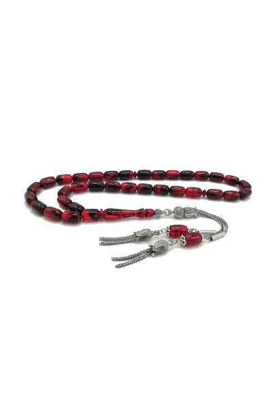 7*11 mm Kapsül Model Kırmızı Siyah Ateşi Kehribar Tesbih Sıkma Tespih Lale Model Mikron Gümüş Kaplama Püsküllü