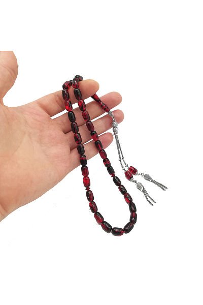 7*11 mm Kapsül Model Kırmızı Siyah Ateşi Kehribar Tesbih Sıkma Tespih Lale Model Mikron Gümüş Kaplama Püsküllü