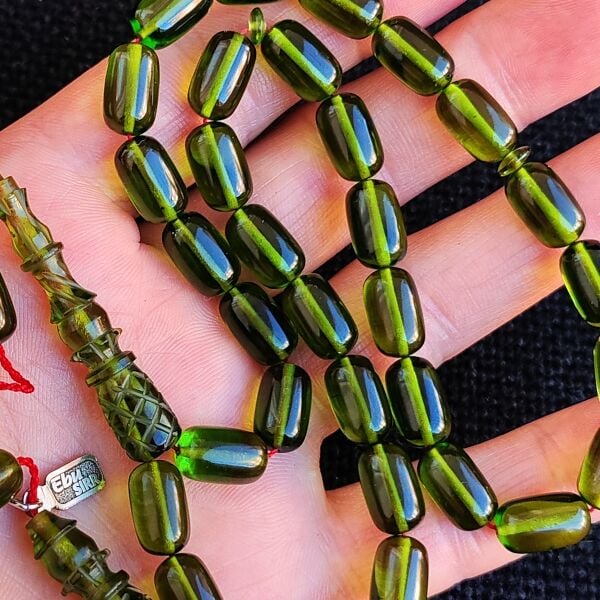 0.6 Şeffaf Delim Yeşil Zar Kehribar Tesbih | Kalem İşçilikli