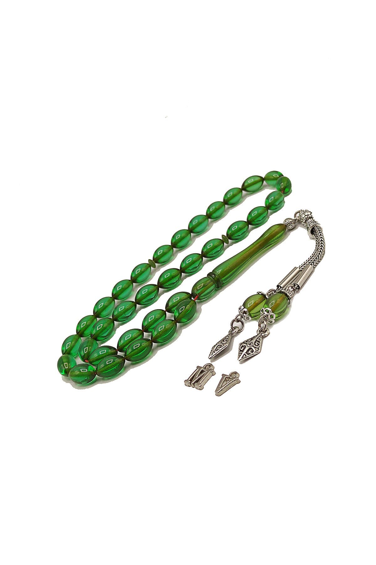 7*11 mm Beyzi Kesim Yeşil Ateşi Kehribar Tesbih