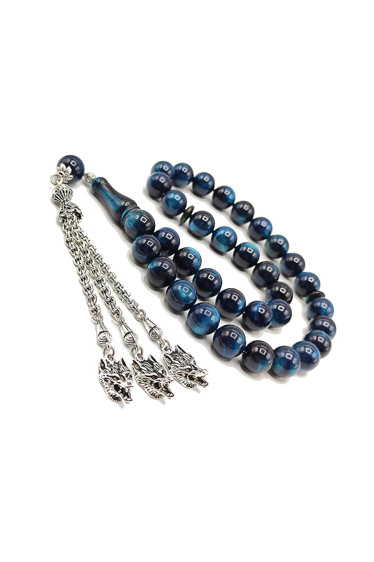 12 mm Küre Kesim Mavi Siyah Simli Sıkma Kehribar Pirinç Püsküllü Katalin Tesbih Fares Baydoun Tespih