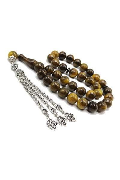 12 mm Küre Kesim Sarı Kahve Sıkma Kehribar Pirinç Püsküllü Katalin Tesbih Fares Baydoun Tespih