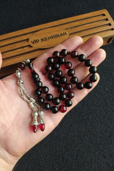 9*9 mm Kırmızı Siyah Ateşi Kehribar Tesbih Mikron Gümüş Kaplama Faris Sıkma Zar Ateşi Tespih