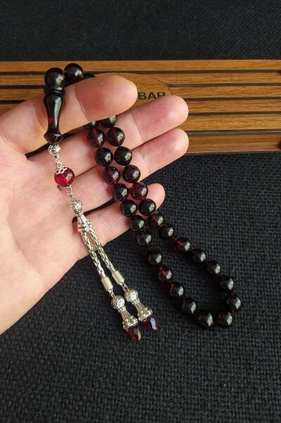 9*9 mm Kırmızı Siyah Ateşi Kehribar Tesbih Mikron Gümüş Kaplama Faris Sıkma Zar Ateşi Tespih