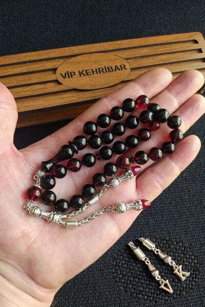 9*9 mm Kırmızı Siyah Ateşi Kehribar Tesbih Mikron Gümüş Kaplama Faris Sıkma Zar Ateşi Tespih