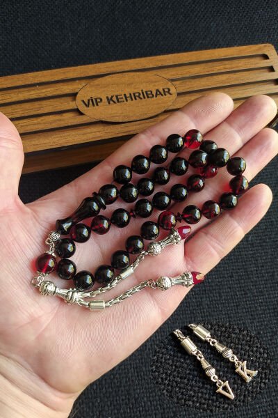 9*9 mm Kırmızı Siyah Ateşi Kehribar Tesbih Mikron Gümüş Kaplama Faris Sıkma Zar Ateşi Tespih