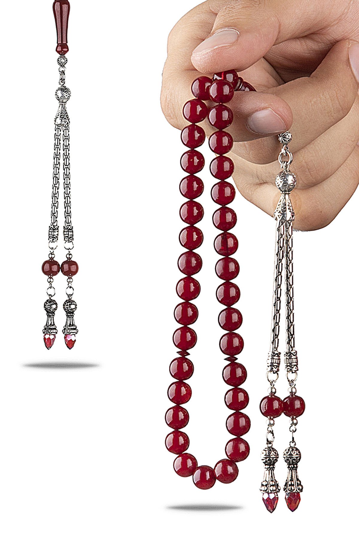 Orjinal Sıkma Kehribar Tesbih 925 Ayar Gümüş Kaplama Özel Tasarım Yılangözü Püsküllü Faris Usta Tespih