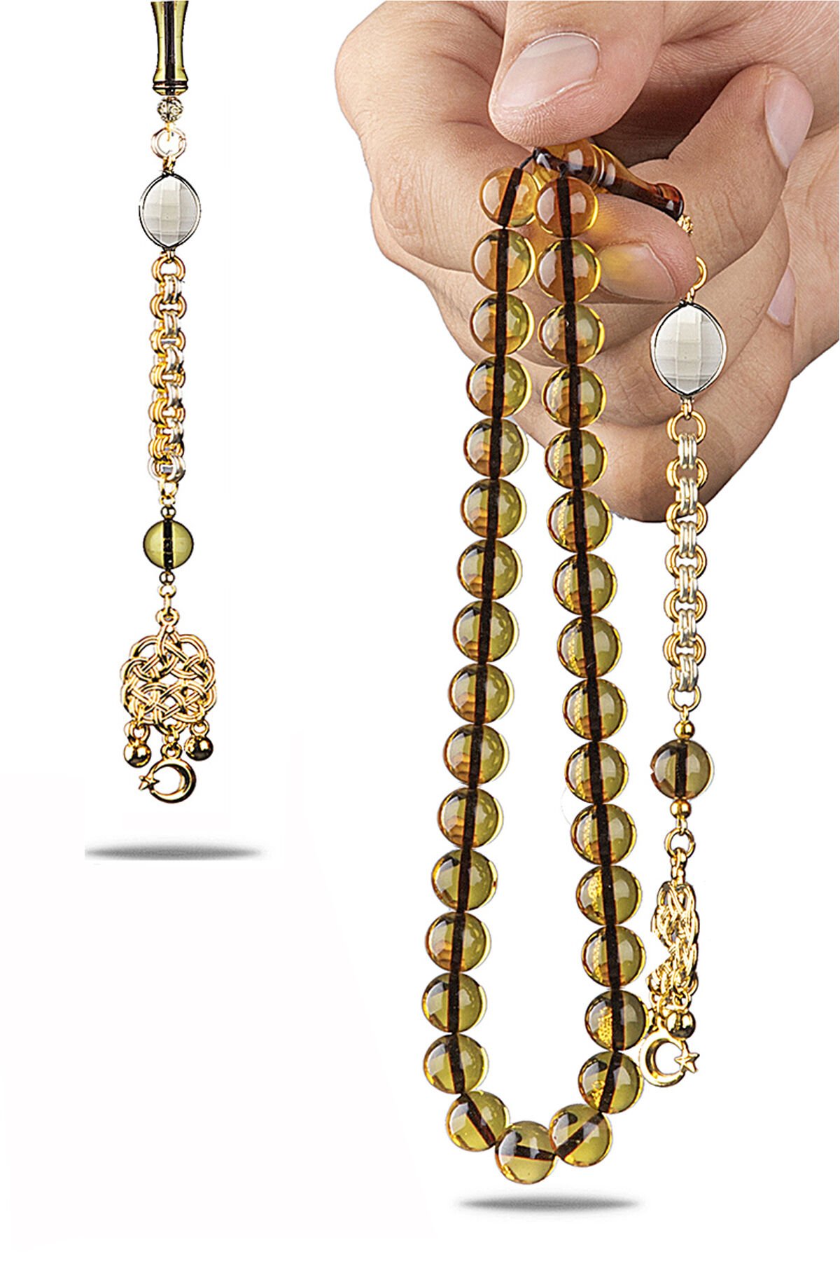 Orjinal Sıkma Kehribar Tesbih 24 K Altın Kaplama Özel Tasarım Püsküllü Faris Usta Tespih