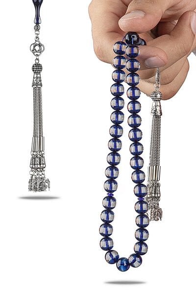 10 mm Küre Kesim Sürmeli Toz Kehribar Tesbih 5 Dallı Özel Tasarım Püsküllü Tespih