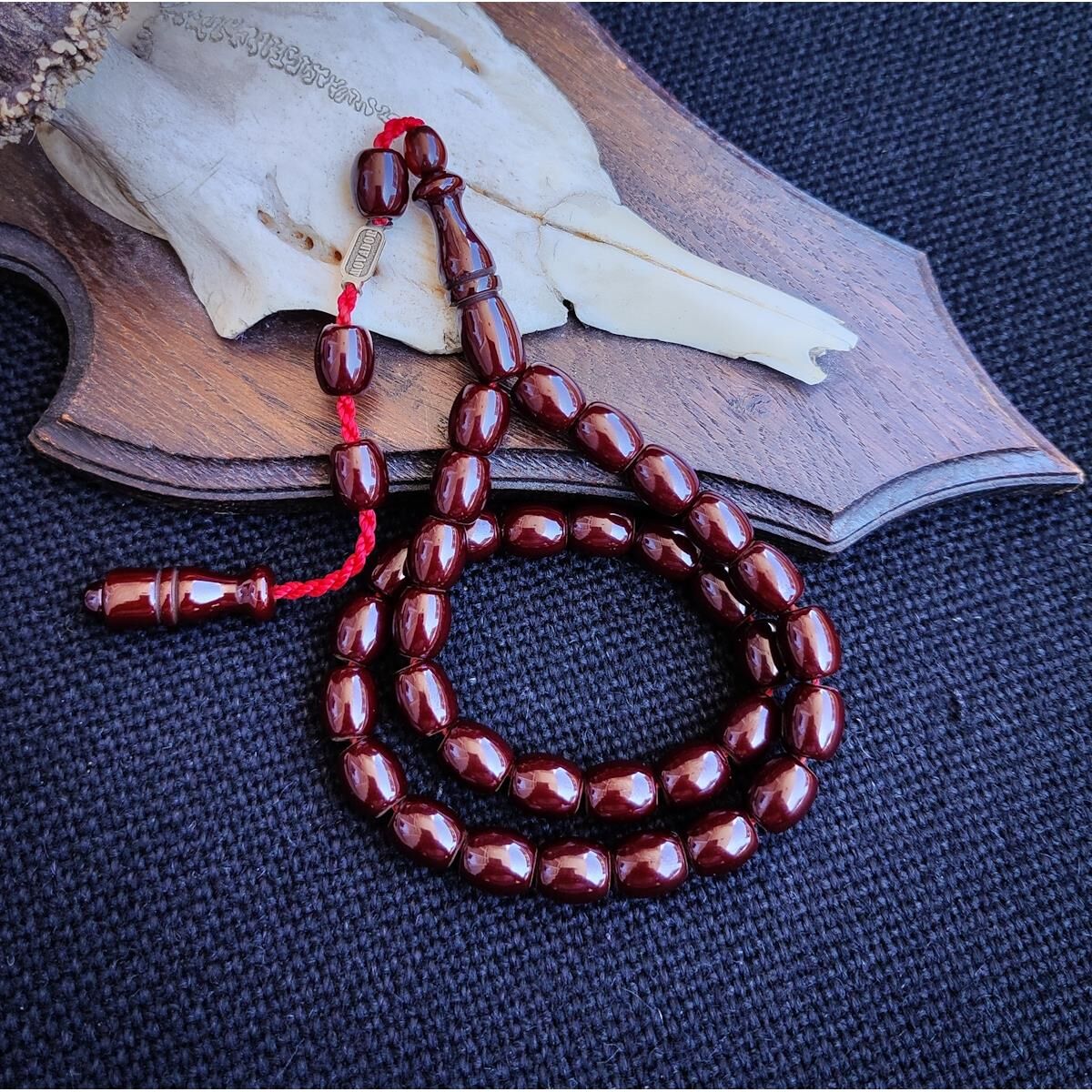 9x11 mm Vişne Rengi Çubuk Sıkma Kehribar Tesbih - Movador İmzalı