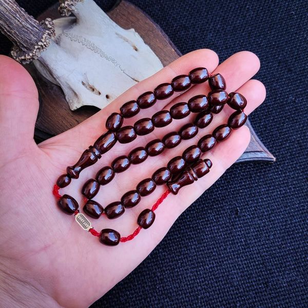 9x11 mm Vişne Rengi Çubuk Sıkma Kehribar Tesbih - Movador İmzalı