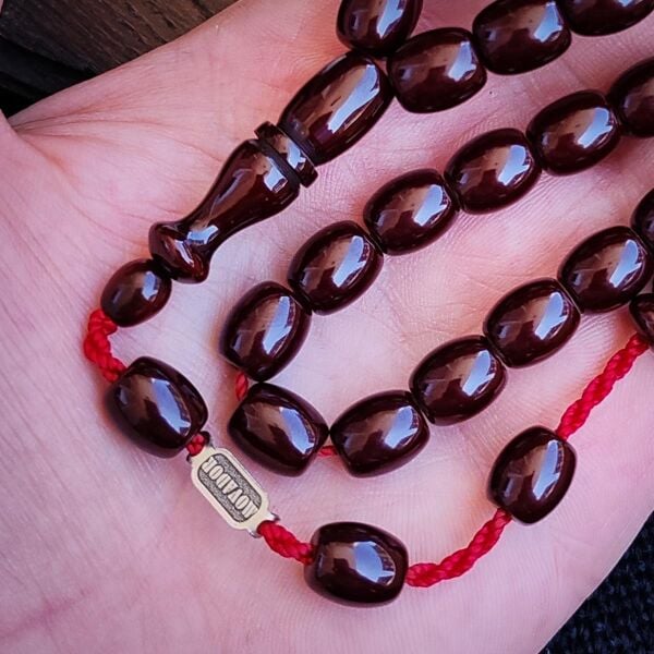 9x11 mm Vişne Rengi Çubuk Sıkma Kehribar Tesbih - Movador İmzalı