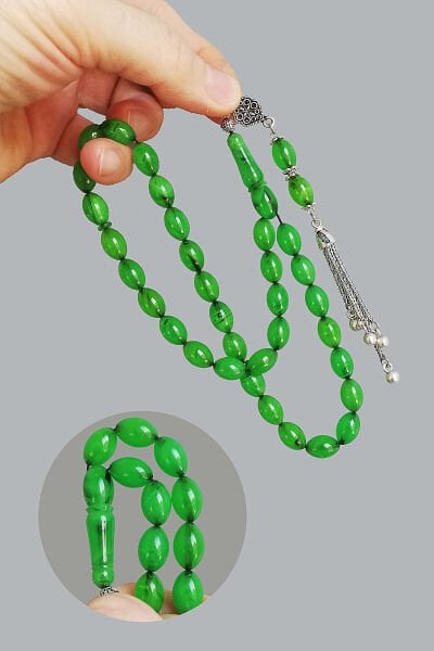 7*11 mm Beyzi Kesim Yeşil Hareli Sıkma Kehribar Tesbih Faris Usta Sıkma Ateş Zar Kehribar Tespih