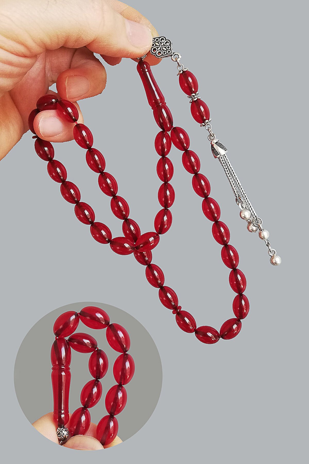 7*11 mm Beyzi Kesim Kırmızı Zar Kehribar Tesbih Faris Usta Sıkma Ateş Kehribar Tespih