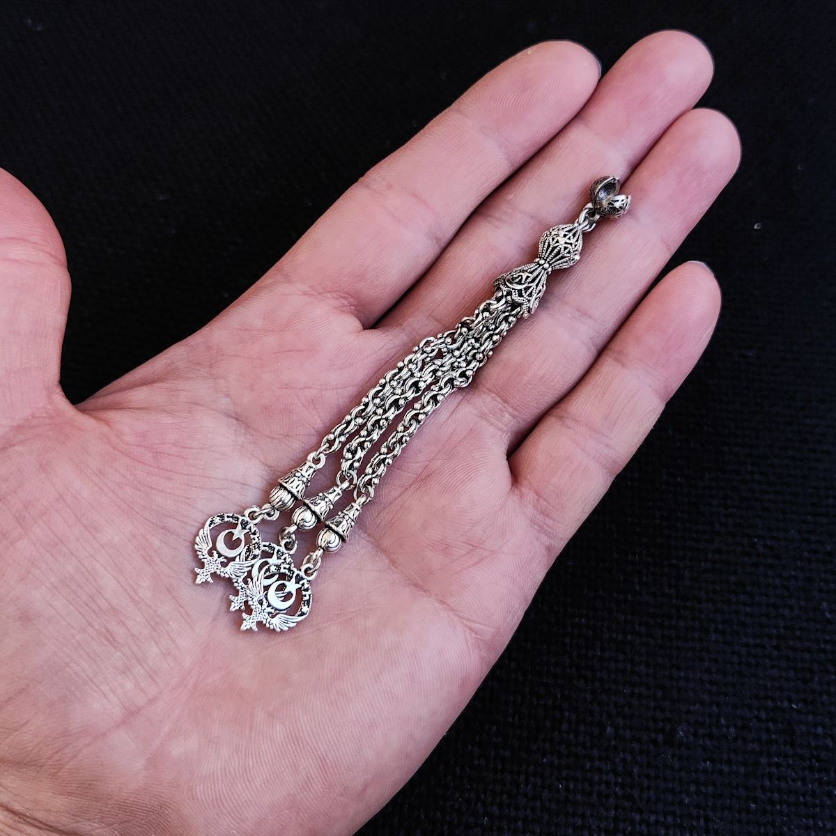 3 Dallı Orjinal Gümüş Kaplama Pirinç Püskül | Ay Yıldız