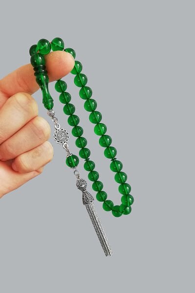 9*9 mm Küre Kesim Yeşil Ateşi Kehribar Tesbih Süpürge Püsküllü Ateş Kehribar Tespih