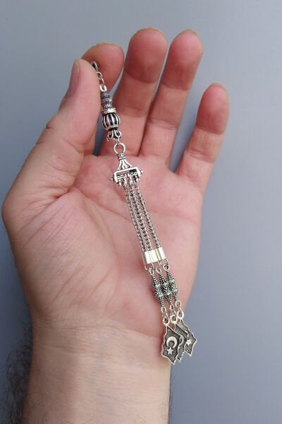 Mikron Gümüş Kaplama Sancak Model Tesbih Püskül Gümüş İşçilikli Sancak Püskül