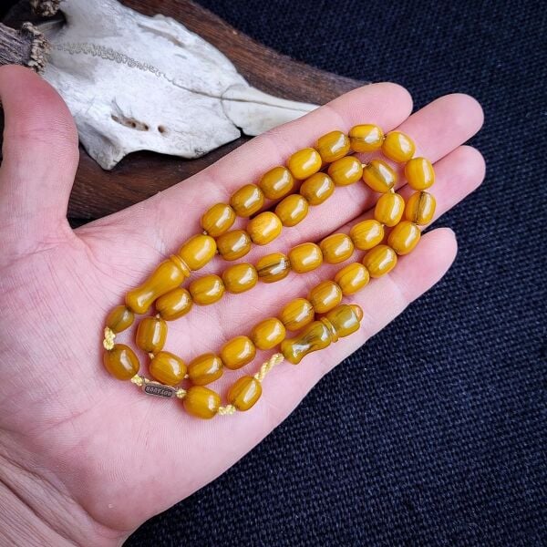 9x11 mm Sarı Hareli Çubuk Sıkma Kehribar Tesbih