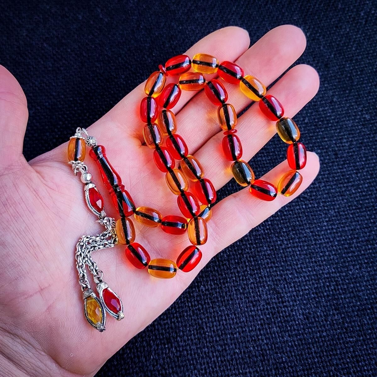 Kişiye Özel 9x12 mm Sarı Kırmızı Ateşi Kehribar Tesbih | Taraftar Tesbih