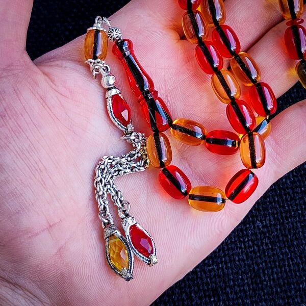 Kişiye Özel 9x12 mm Sarı Kırmızı Ateşi Kehribar Tesbih | Taraftar Tesbih