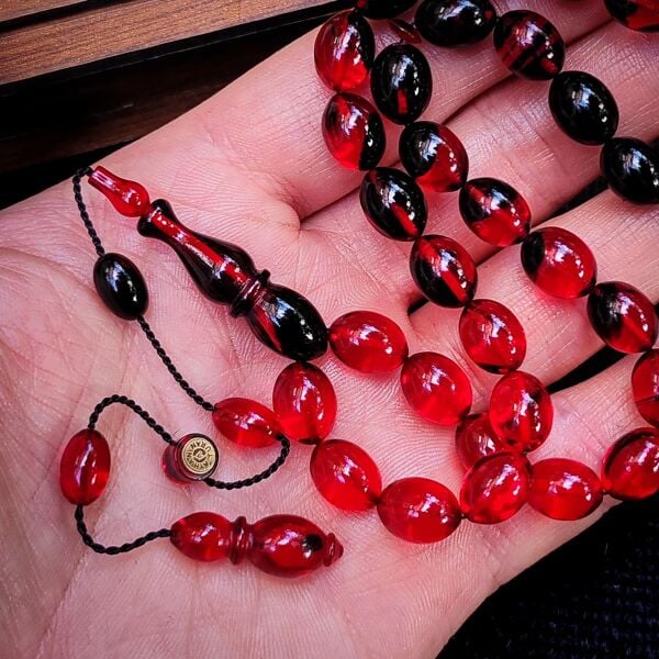8x11 mm Hassas Delim Kırmızı Siyah Zar Kehribar Tesbih | Ayhan Turan Usta İmzalı Tespih
