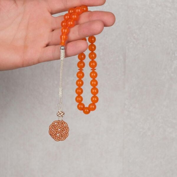 10 mm Turuncu Zar Kehribar Tesbih - Trabzon Kazaz Püsküllü Tespih