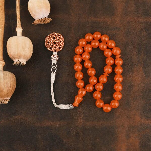 10 mm Turuncu Zar Kehribar Tesbih - Trabzon Kazaz Püsküllü Tespih